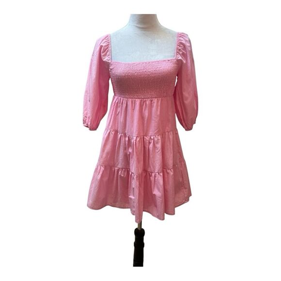 NWT HYFVE Pastel Pink Babydoll Short 3/4 Length Sleeve Cottagecore Mini Dress S - Picture 1 of 9